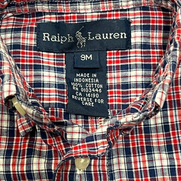 Ralph Lauren Red White & Blue Plaid Romper, Snaps, Cotton, 9 Mos - Picture 2 of 8